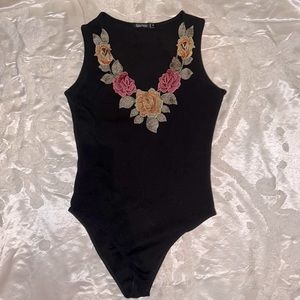 Boohoo floral black leotard. Size S/M. Frida Kahlo.